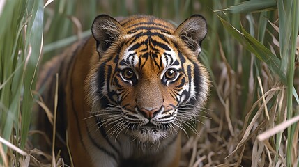 Fototapeta premium Close-up of a Sumatran tiger peering from tall grass.