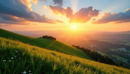 Fototapeta premium The first light of dawn creeps over the hills, casting a golden glow on the landscape, natural,