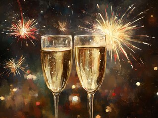 Two Champagne Glasses Celebrate Fireworks Night