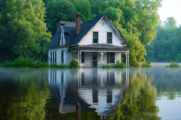 Fototapeta premium A house in the middle of a lake surrounded by trees