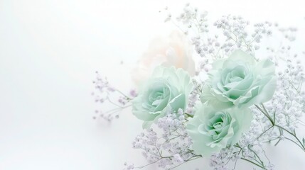 Fototapeta premium Three pale mint green roses accented by delicate white filler flowers offer excellent copy space for sophisticated branding and promotion.