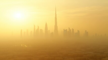 Hazy sunrise over a modern city skyline.