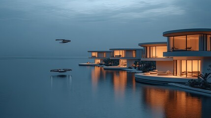 Futuristic waterfront villas at twilight with flying vehicles.