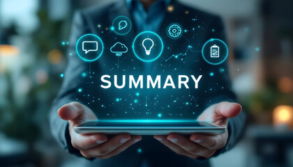 A professional image of hands holding a tablet with "SUMMARY" glowing at the center, surrounded by circular icons for chat, settings, ideas, and tasks. Digital Summary Display