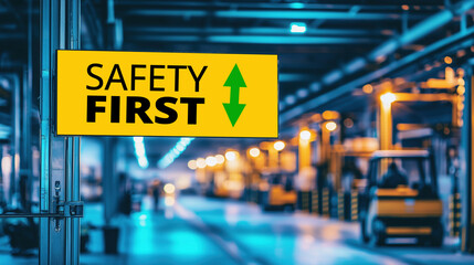 Safety First sign in a modern warehouse with forklifts in the background. Emphasizes workplace safety and industrial efficiency.