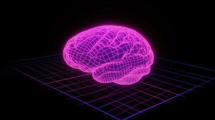 Neon Wireframe Brain Visualization with 3D Grid Background