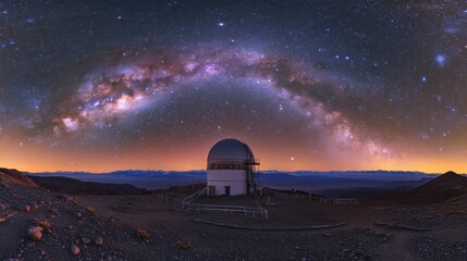 Obraz premium A panoramic view of a telescope under the Milky Way, showcasing astronomical exploration.