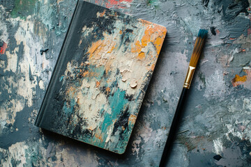 Unevenly painted notebook cover rests on textured surface with a brush