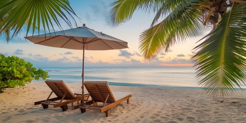 Tropical Beach Scene with Chairs, Umbrella, and Palm Trees at Sunset