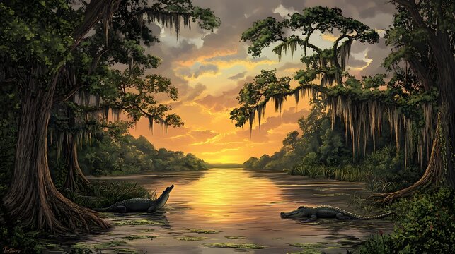 Alligators at Sunset in a Swampy Bayou
