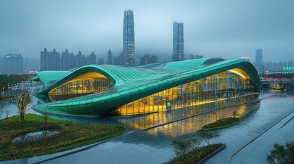 Fototapeta premium Futuristic building with a curved, teal roof reflecting lights in a city at dusk.