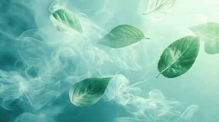 Obraz premium Delicate Green Leaves Floating in Mystical Teal Smoke, A serene image showcasing several vibrant green leaves gently suspended in wispy, ethereal teal smoke.