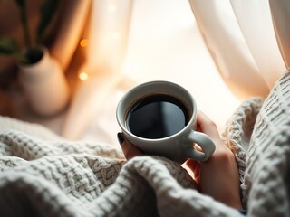 Cozy room interior with a steaming cup of coffee on a table, adding warmth and comfort, warmth, comfort