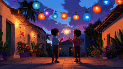 Eid al-Fitr concept. Children lighting sparklers under colorful lanterns at dusk, joyful moment