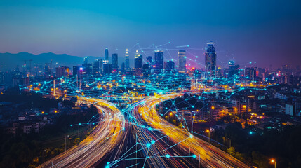 Fototapeta premium Abstract businesswoman stands on the peak of success Smart digital city with connection cyber security network reciprocity over the cityscape future wireless digital city and social media networking