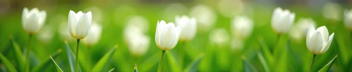 White tulips swaying gently in the breeze on a lush green stem, leafy greens, garden scene, gentle sway