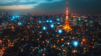 Fototapeta premium Abstract businesswoman stands on the peak of success Smart digital city with connection cyber security network reciprocity over the cityscape future wireless digital city and social media networking