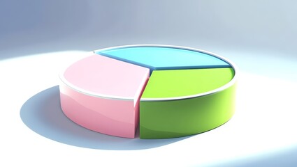 Obraz premium A sleek, three-section pie chart in pastel colors, pink, blue, and green, sits against a bright background, representing data segmentation and analysis in a modern style