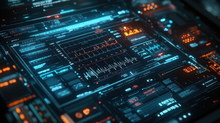 Obraz premium A futuristic interface displaying medical data and patient vitals overlaid on a blue digital background.