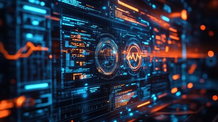 Obraz premium A futuristic interface displaying medical data and patient vitals overlaid on a blue digital background.