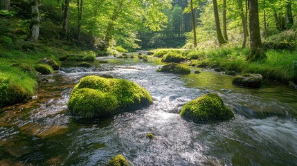 Obraz premium Serene Forest Stream Flowing Over Green Mossy Stones in Nature