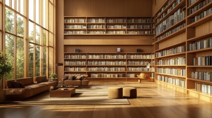 Modern library or bookstore interior with Learning and coworking space,relax zone,Library with rows of bookshelves arranged,school,university,shared desk and chairs,panoramic window.
