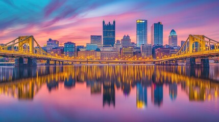 Naklejka premium Stunning Sunset Over Pittsburgh City Skyline and Bridge Reflection