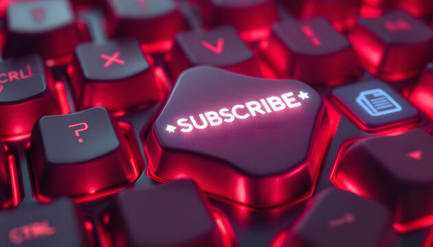 Glowing Red Keyboard with Subscribe Key, Futuristic Tech Design - Powered by Adobe
