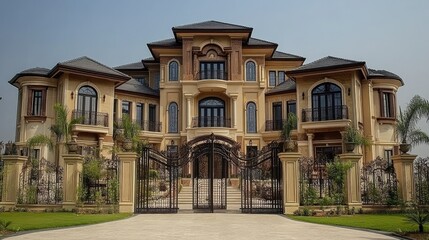 Fototapeta premium Grand mansion with ornate details, gated entrance, and manicured lawn.