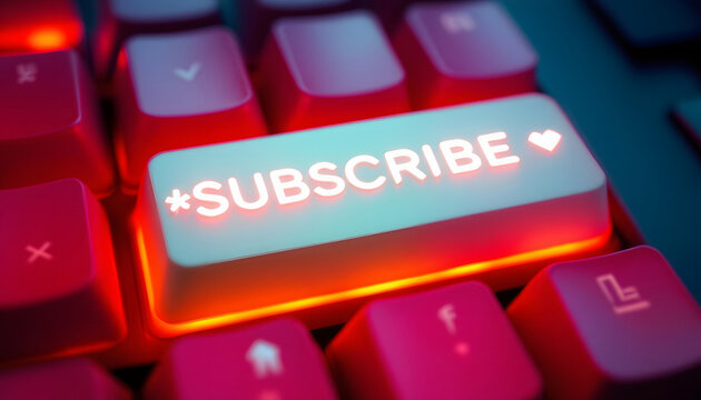 Glowing Red Keyboard with Subscribe Key, Futuristic Tech Design