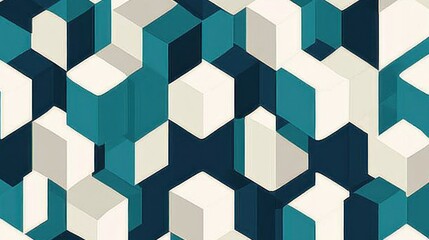Abstract 3D geometric pattern with teal and off-white cubes.