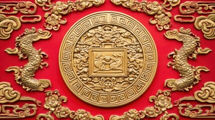 Ornate Golden Dragon Relief on Vibrant Red Background