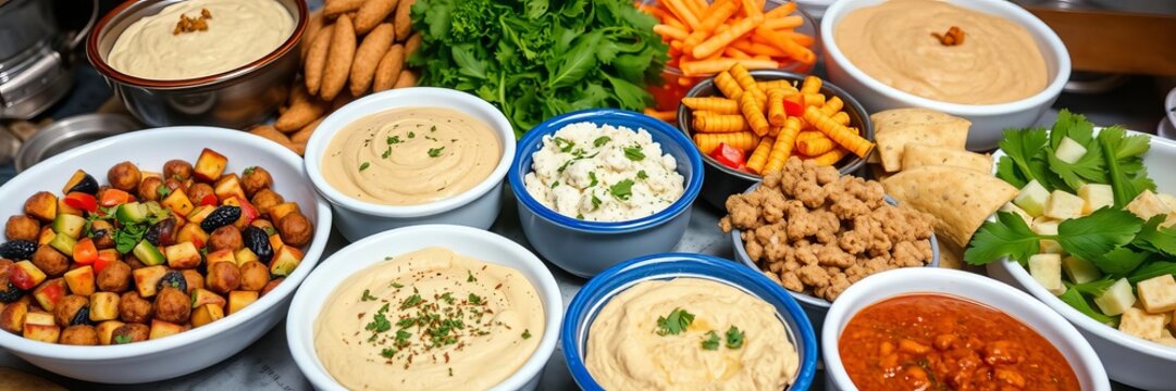 Delicious mediterranean feast with falafel, hummus, tabbouleh, and a variety of dips on a table, traditional, appetizers
