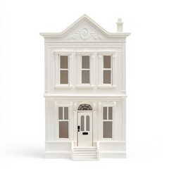 A detailed white model of a classic house with windows and a front door on a white isolated background.