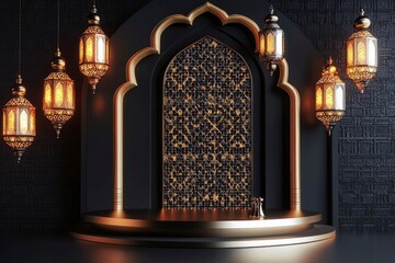 Obraz premium Arabian lantern and product podium 3d rendering background. Concept of islamic celebration ramadan kareem or eid al fitr adha with blank space. 
