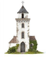 Fototapeta premium A charming, weathered church building featuring a stone tower, cross on top, and lush greenery around the base on a white isolated background.