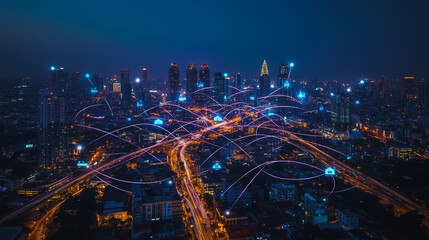 Obraz premium Abstract businesswoman stands on the peak of success Smart digital city with connection cyber security network reciprocity over the cityscape future wireless digital city and social media networking