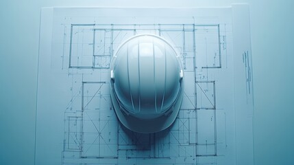 Construction hard hat on top of blueprints. white background.