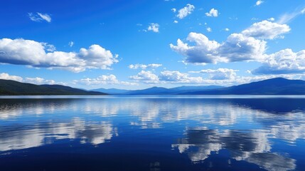 Serene Lake Landscape Under Bright Blue Sky with Fluffy Clouds
