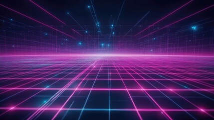 Futuristic Neon Grid with Bright Stars and Glowing Lines
