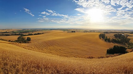 Fototapeta premium A panoramic view of golden fields under a bright sky, showcasing nature's beauty.