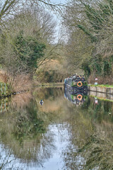 Fototapeta premium moored narrow canal boats on river Dee near the Pontcysyllte Aqueduct in Wales.