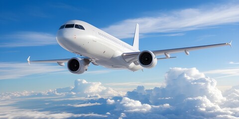 Obraz premium Modern Jetliner Flying Above Clouds Under a Clear Blue Sky