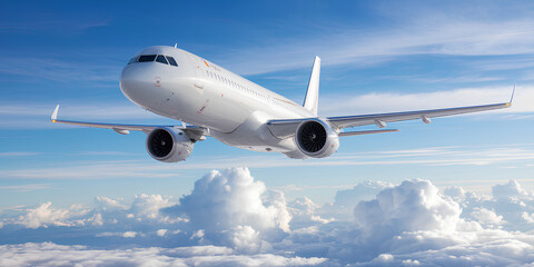 Obraz premium Modern Jetliner Flying Above Clouds Under a Clear Blue Sky