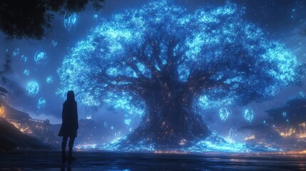 Fototapeta premium A mystical blue tree illuminates a serene night, with a figure gazing in wonder.