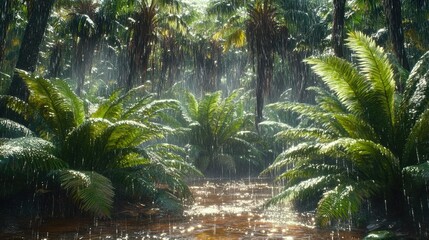 Naklejka premium Lush rainforest scene with rain falling on palm trees and ferns, creating a tranquil atmosphere.