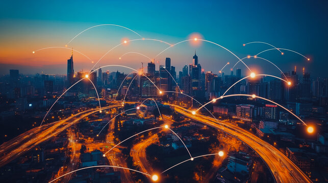 Abstract businesswoman stands on the peak of success Smart digital city with connection cyber security network reciprocity over the cityscape future wireless digital city and social media networking