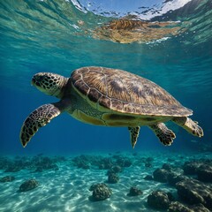 Obraz premium Create a vibrant underwater scene featuring a graceful sea turtle gliding through clear blue waters. 