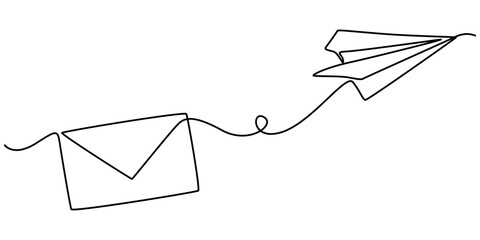 Continuous single line sketch drawing of envelope mail with flying paper plane sending letter and email message concept one line art vector illustration, Drawing of continuous editable one line flying