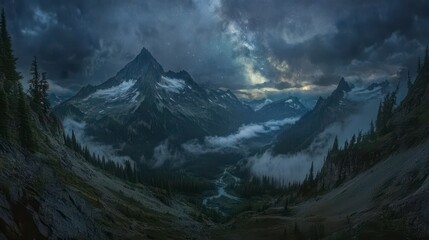 Dramatic twilight view of a valley nestled between majestic mountains, shrouded in mist and clouds, under a moody sky.